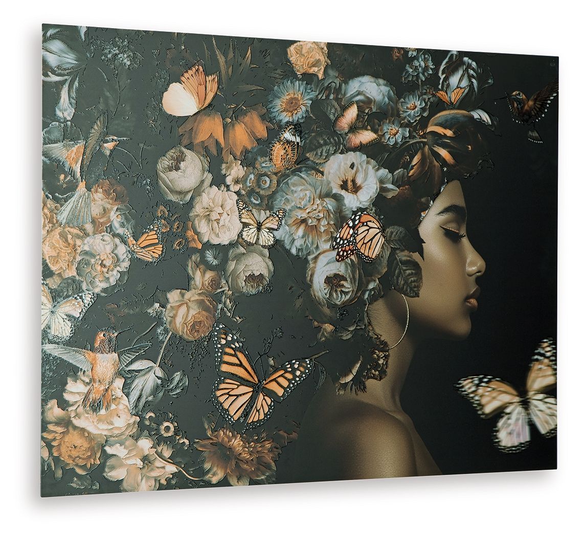 Floral wall art with woman profile and butterfly near center; orange, black, and white
