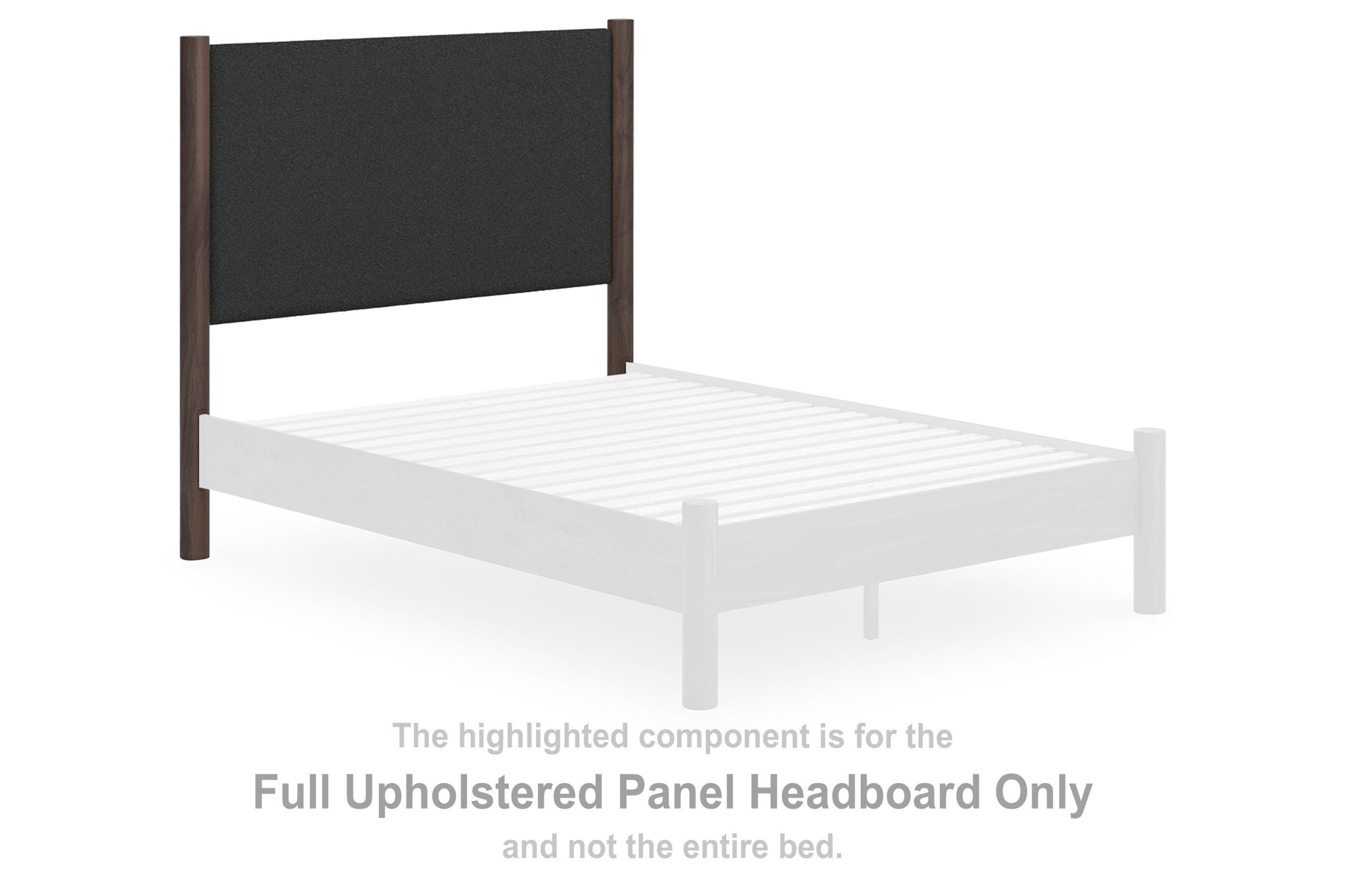 Upholstered panel headboard with dark fabric and brown wooden frame