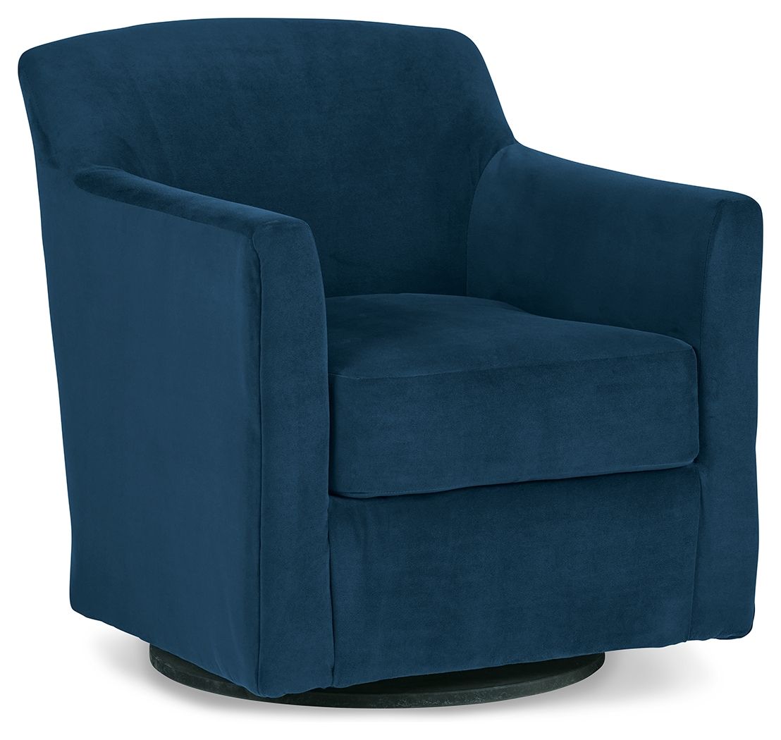 Blue swivel accent chair with wide arms, cushioned seat, and curved rotating base