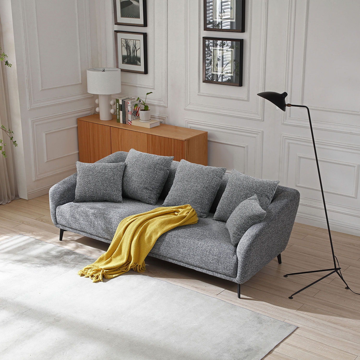 3 Seater Sofa Couch, Modern Fabric Upholstered Sofa With Three Cushions, 2 Pillows - Dark Gray