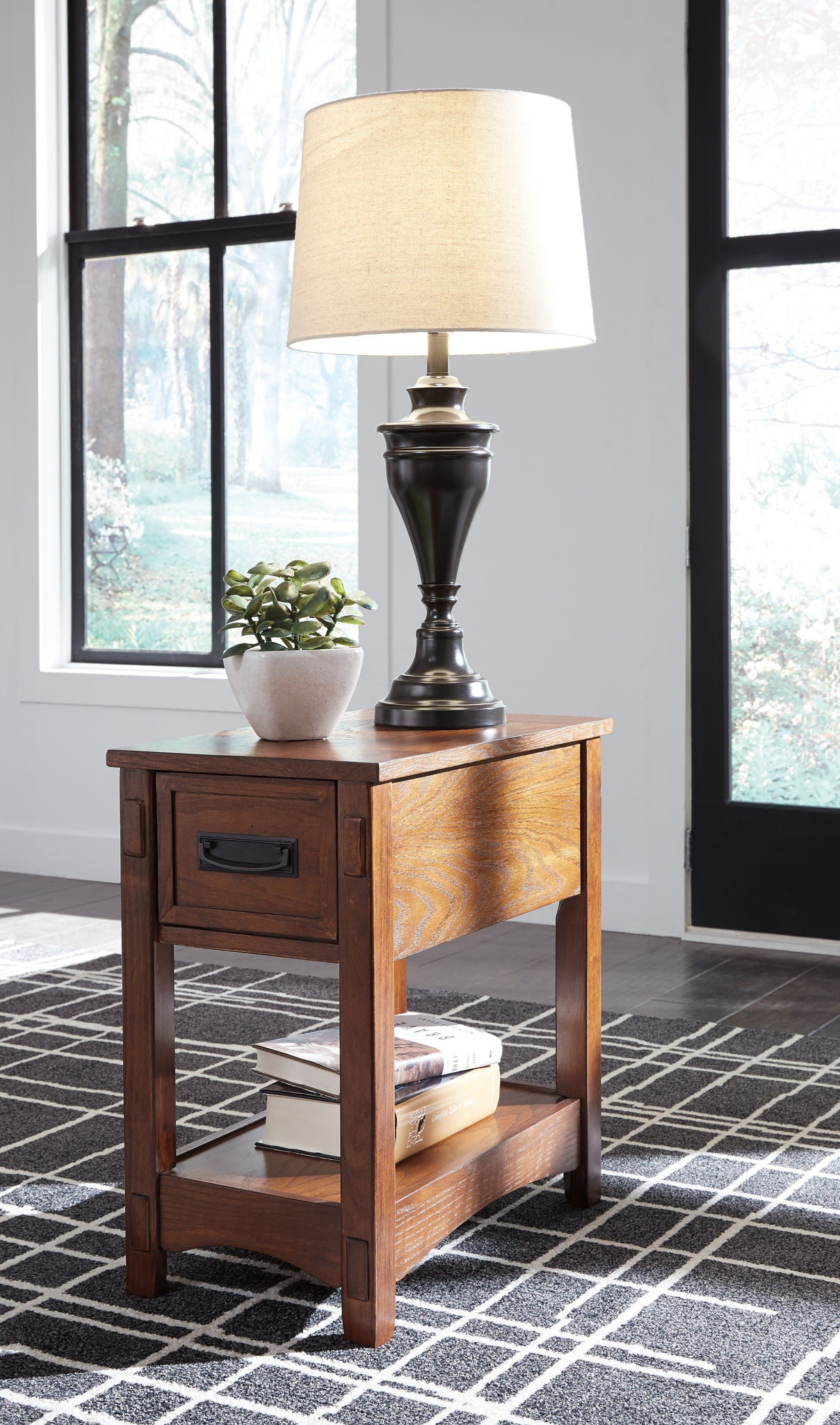 Brown chair side end table with one drawer and lower shelf