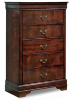 Reddish brown wooden chest with four drawers and curved metal handles