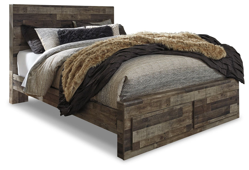 Dark gray panel bed frame with cozy bedding and throw, angled side three-quarter view