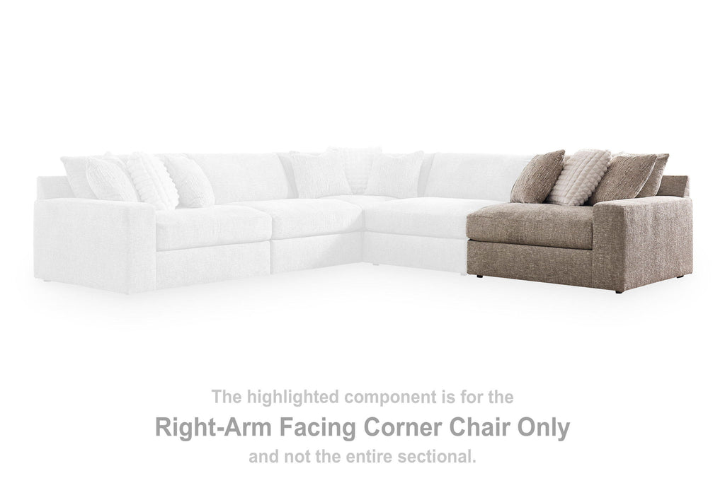 Gray right-facing corner chair with upholstered arms and seat-back cushions
