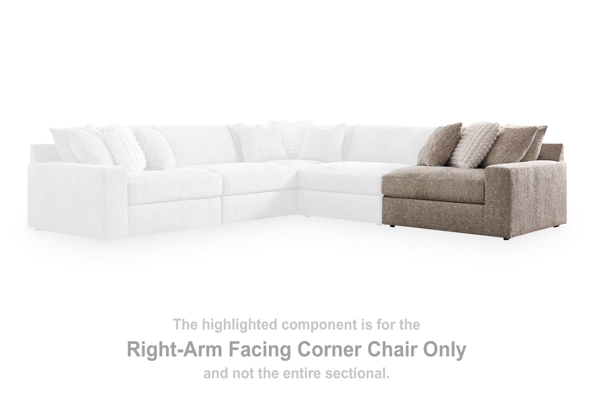 Gray right-facing corner chair with upholstered arms and seat-back cushions