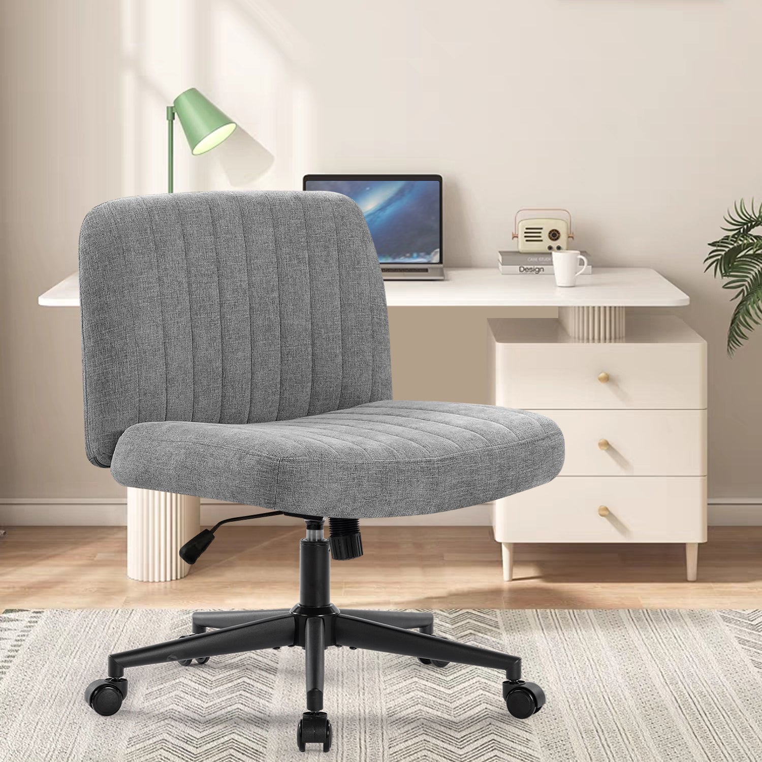 Linen Wide Seat Home Office Chair with Swinging Backrest