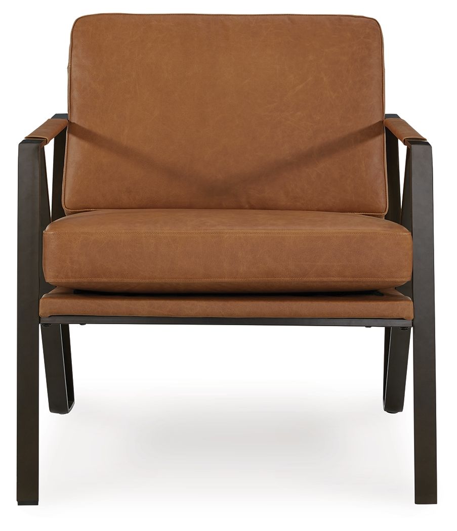 Caramel accent chair with thick seat cushion, backrest, and black metal legs