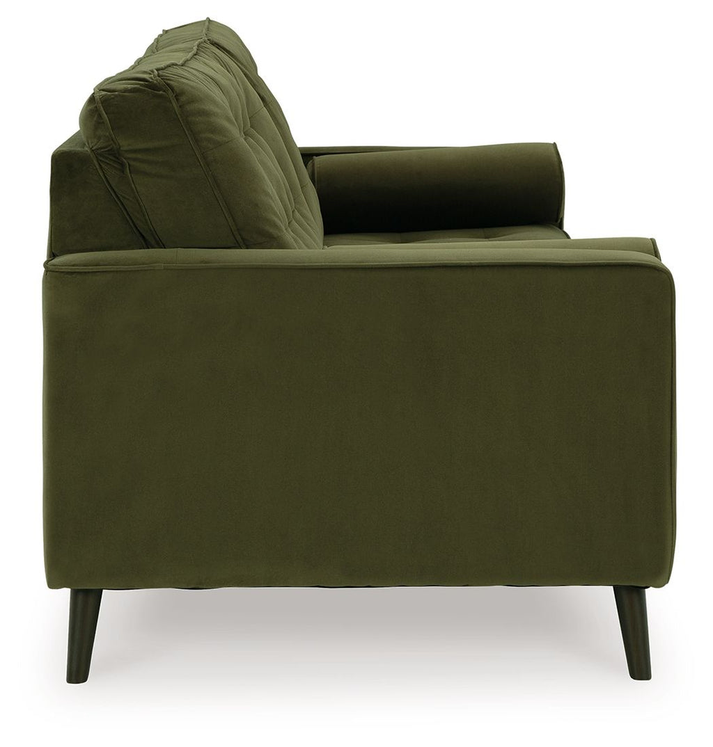 Olive green sofa with tufted backrest, rolled arm, and dark tapered legs.