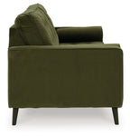Olive green sofa with tufted backrest, rolled arm, and dark tapered legs.