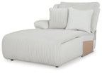 Press-back chaise in light-gray ribbed fabric with bolster pillows and left arm