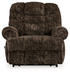 Chocolate brown fabric recliner with rounded arms, cushioned seat, and sturdy legs