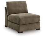 Armless chair in coffee-brown textured fabric with wide back and square legs