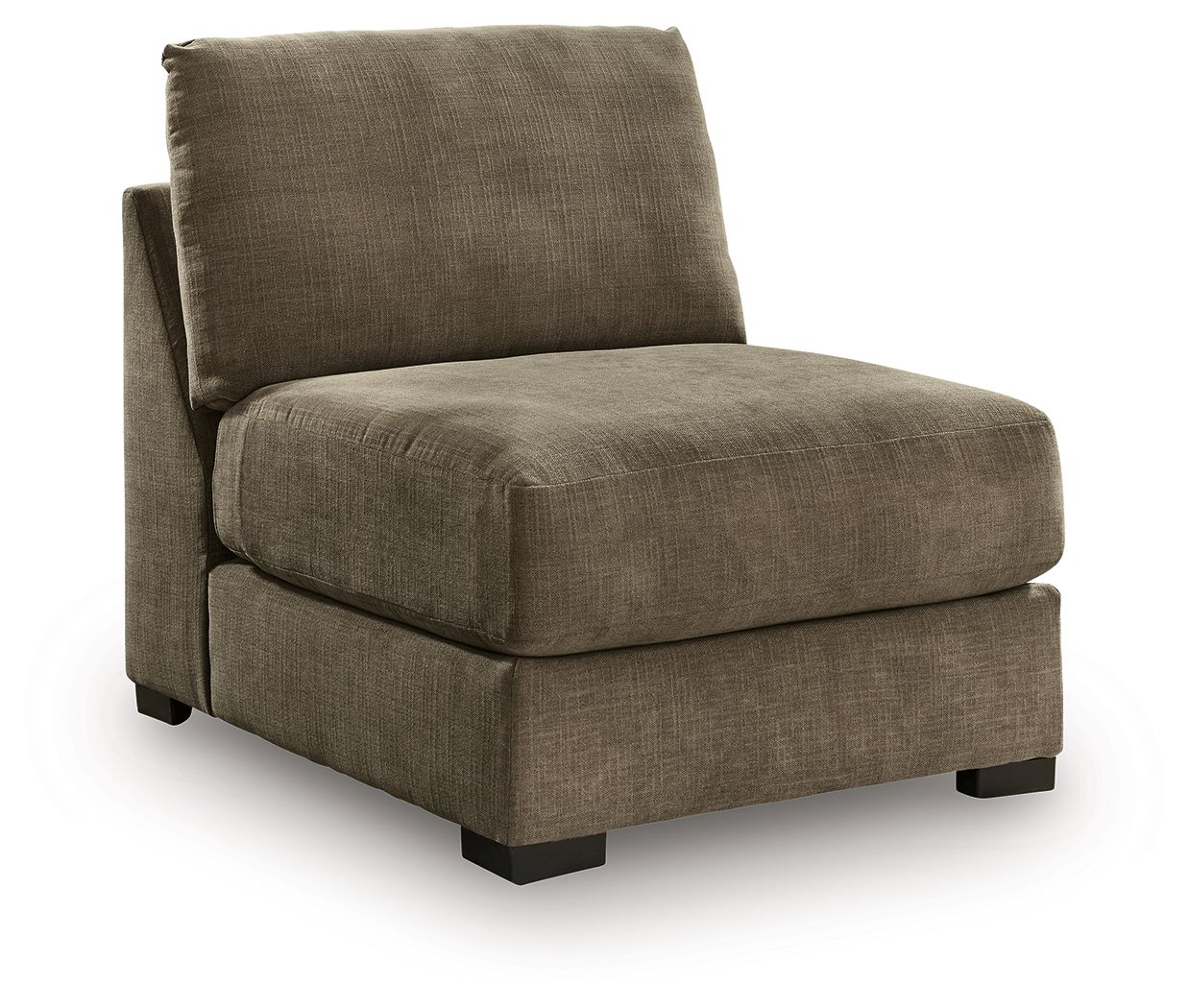 Armless chair in coffee-brown textured fabric with wide back and square legs