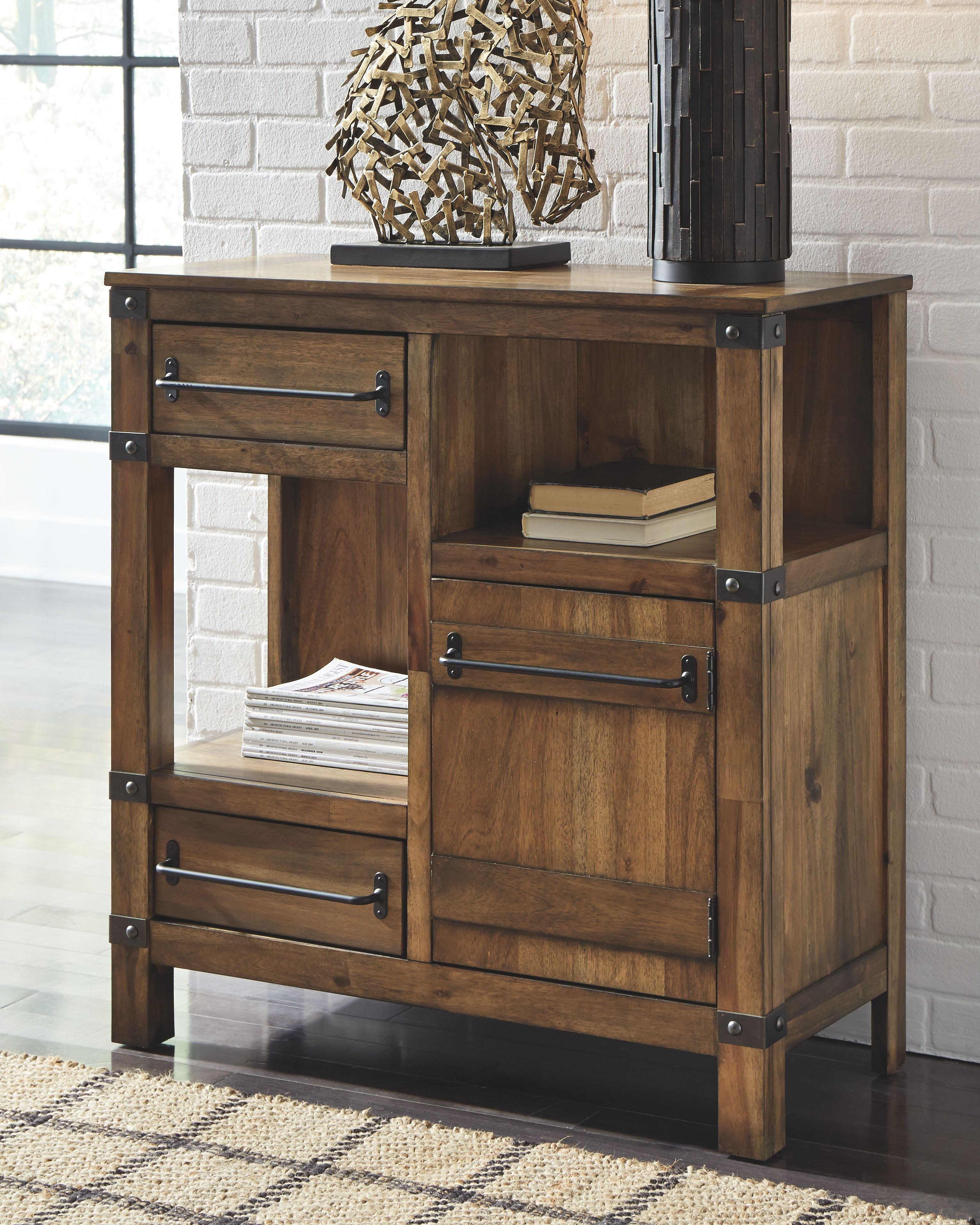 Light brown accent cabinet with two drawers, open shelf, and bronze corner hardware