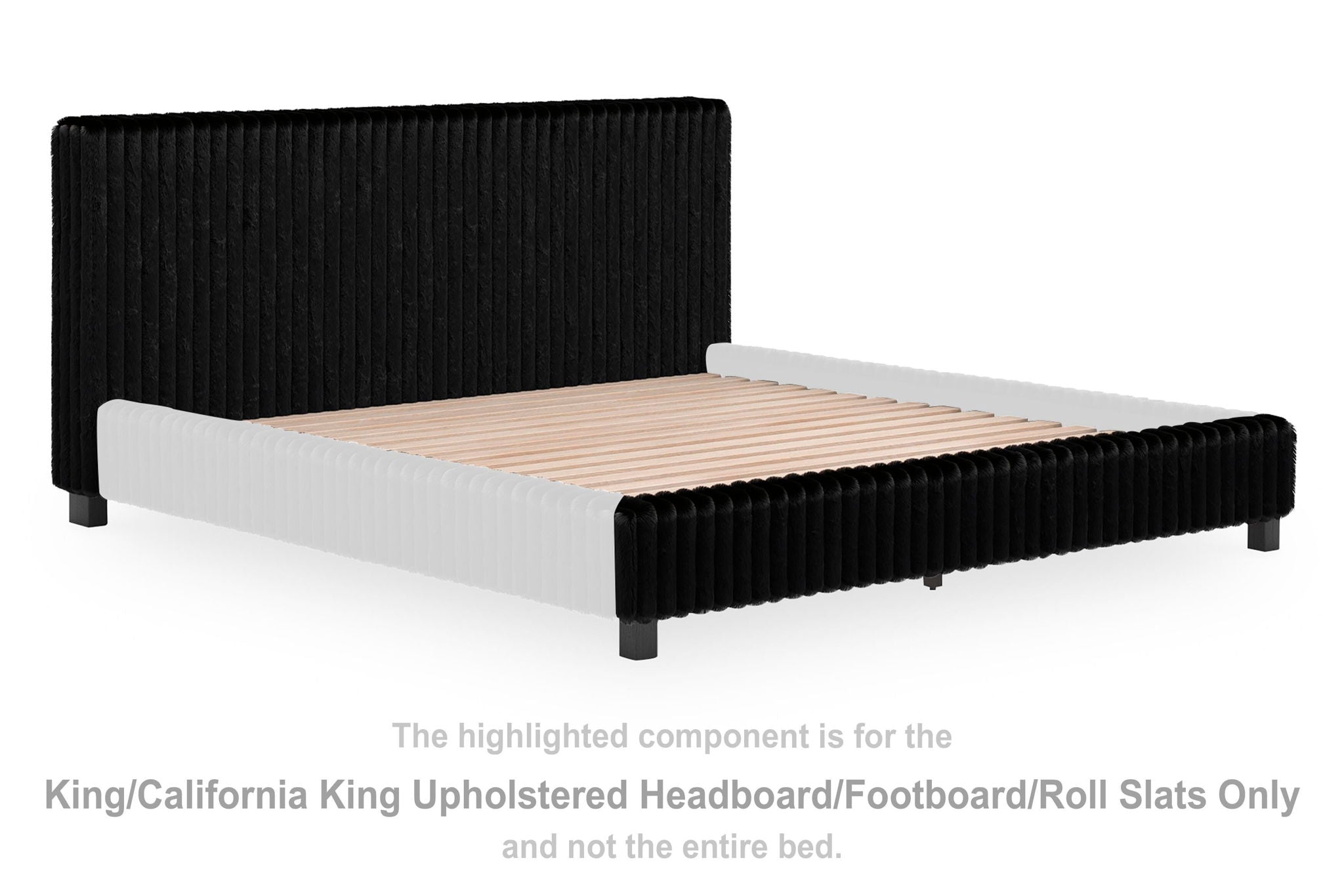 Black upholstered headboard and footboard with roll slats, king/California King size.