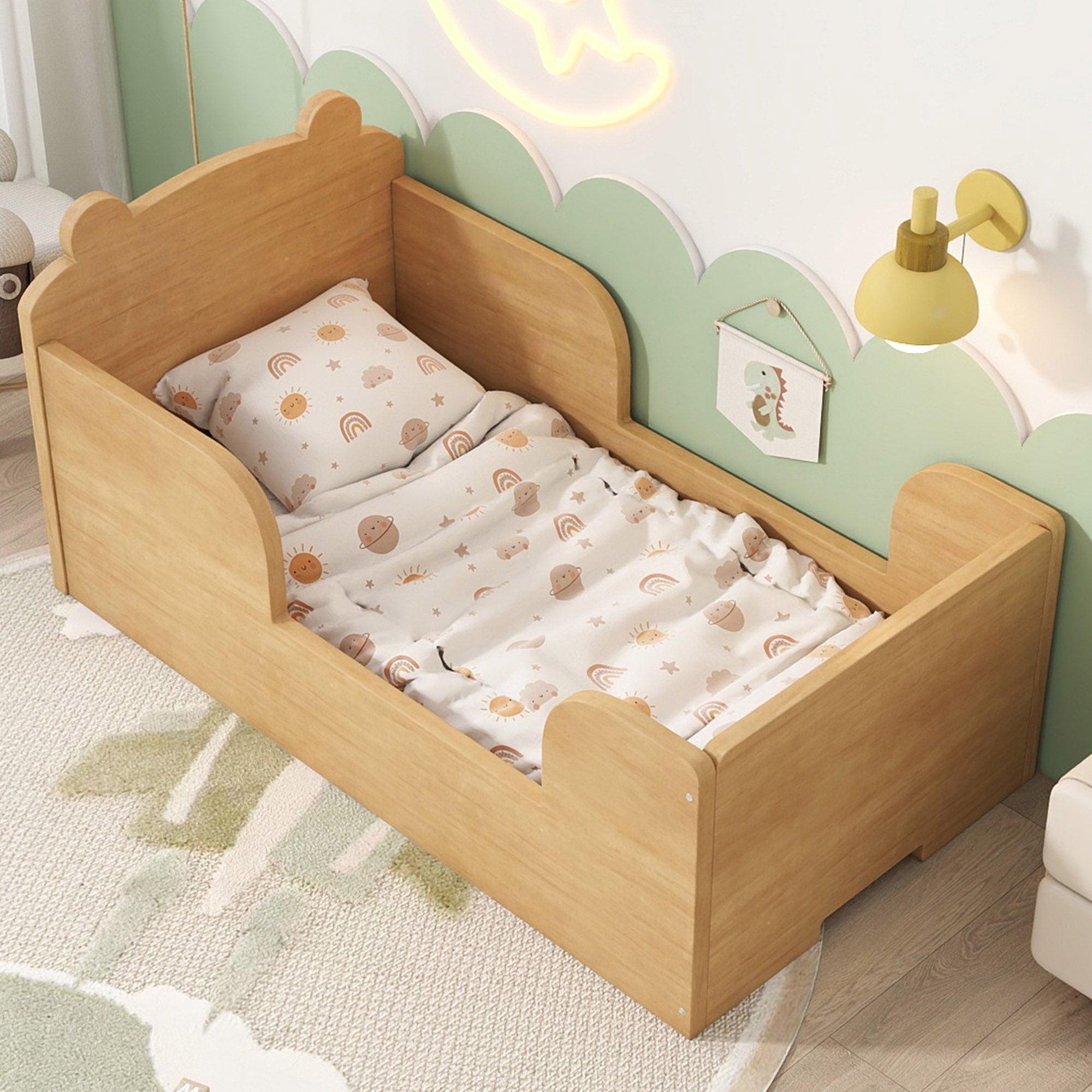Toddler Floor Bed Frame, Bear Shape Natural Cot for Kids 3-6