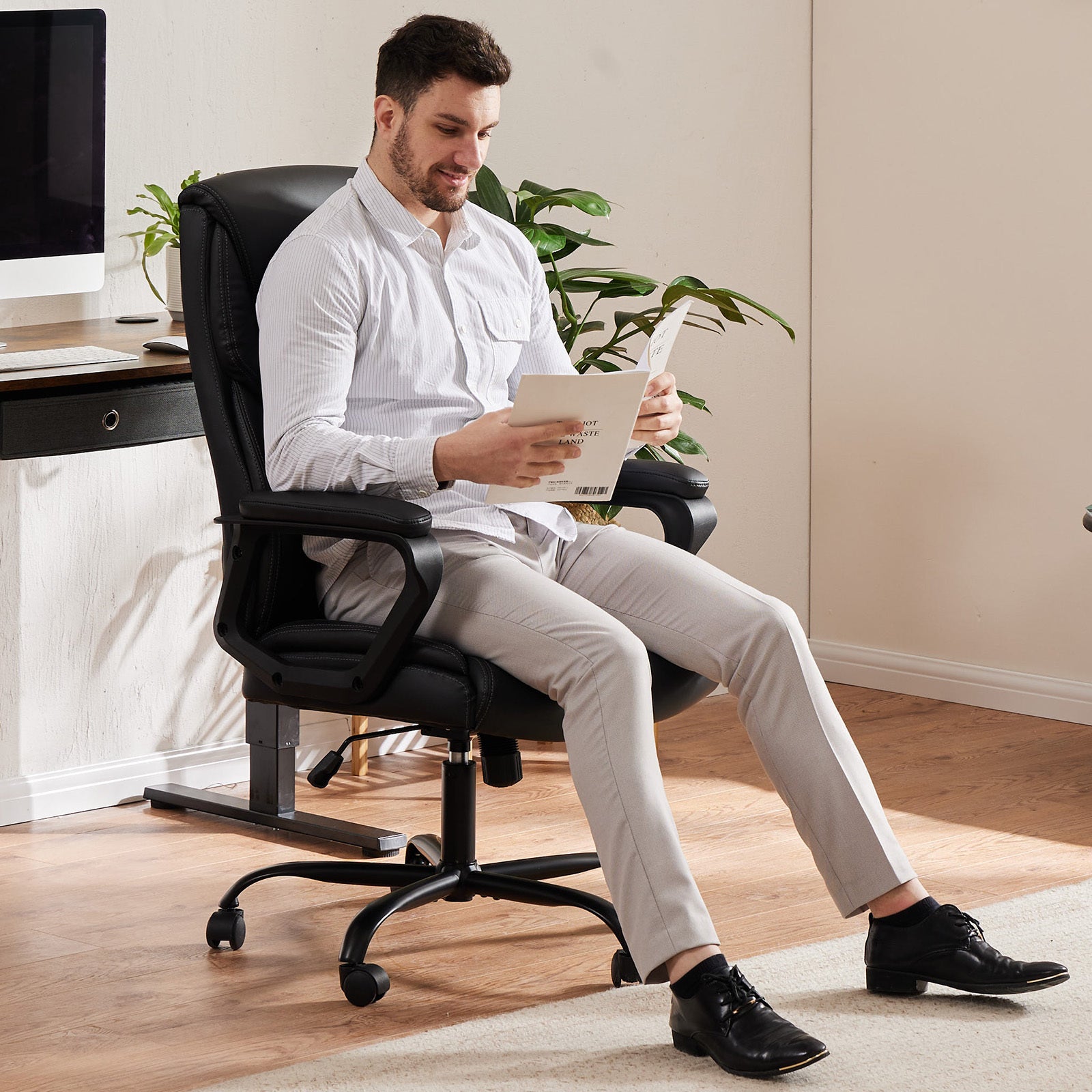 Ergonomic PU Leather Desk Chair with Armrests