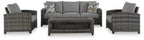 Gray wicker outdoor sofa set with two armchairs and central coffee table