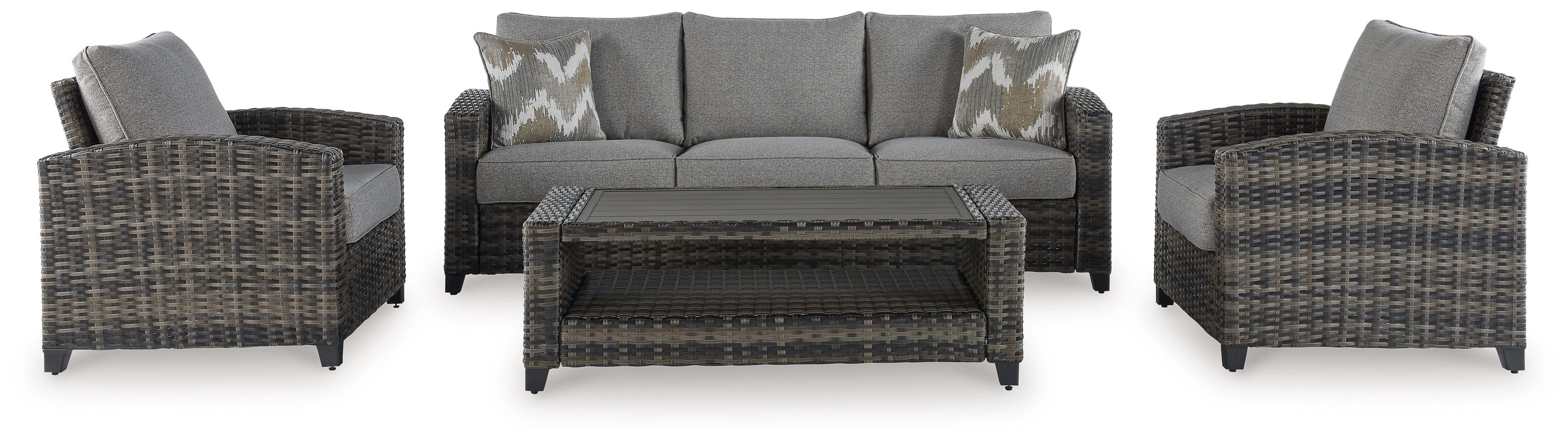 Gray wicker outdoor sofa set with two armchairs and central coffee table