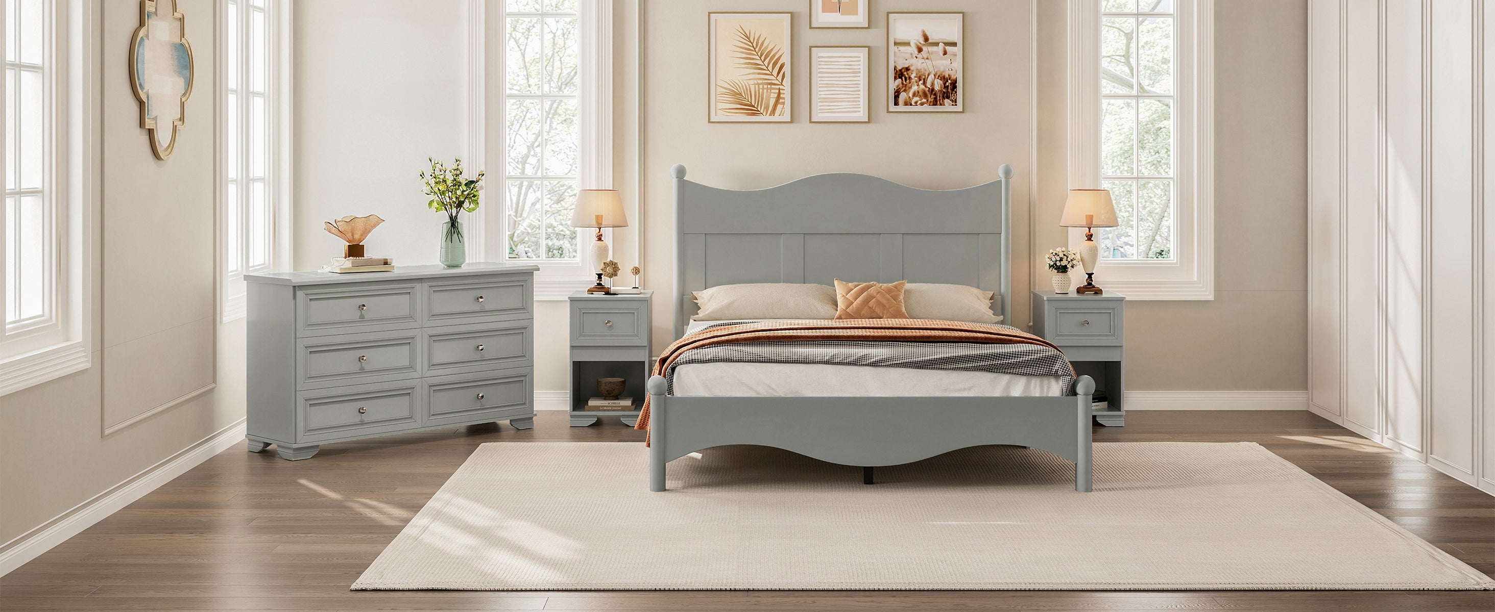 Retro Bedroom Set - Queen Bed, Nightstand, Dresser