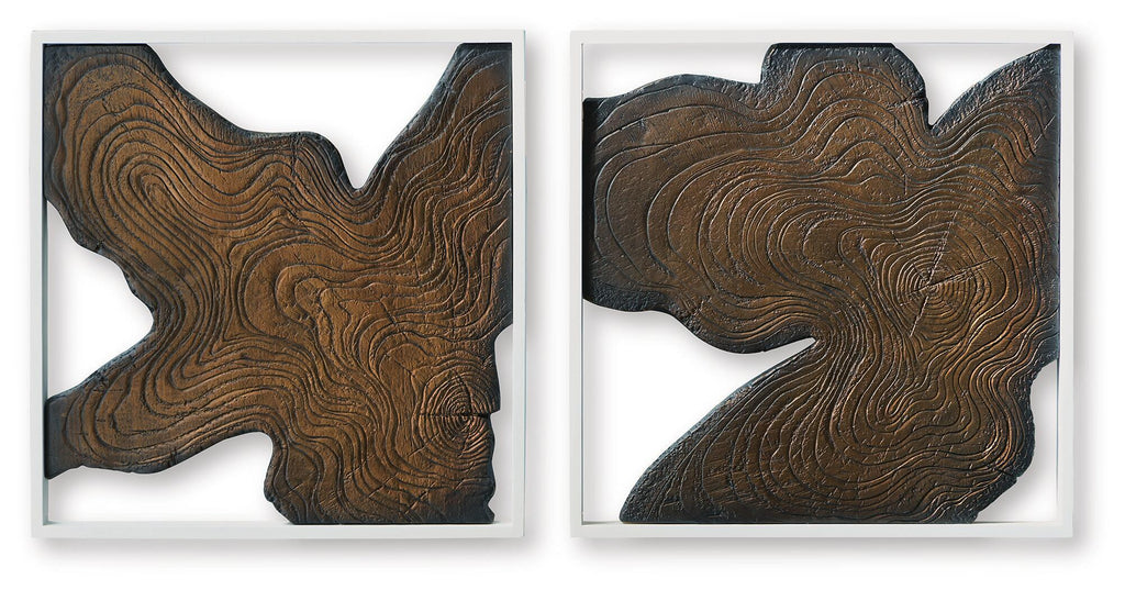 Set of 2 framed abstract wall art, brown woodgrain contour lines in irregular shapes