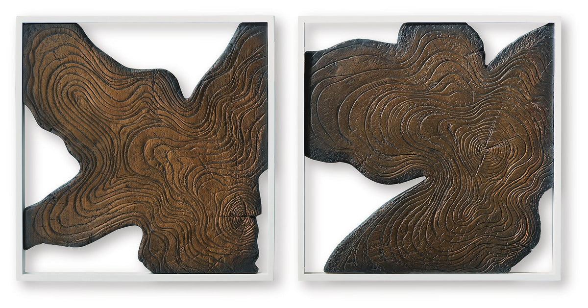 Set of 2 framed abstract wall art, brown woodgrain contour lines in irregular shapes