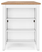 White rectangular counter table with open interior shelves and light wood top