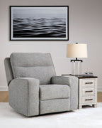 Pewter gray power recliner chair with adjustable headrest and thick padded seat