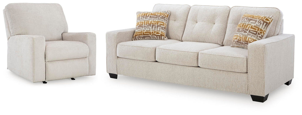 Beige fabric recliner chair and sofa with square arms and patterned throw pillows
