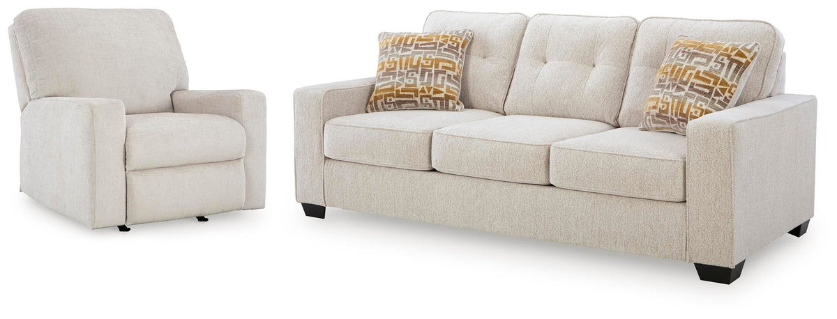 Beige fabric recliner chair and sofa with square arms and patterned throw pillows