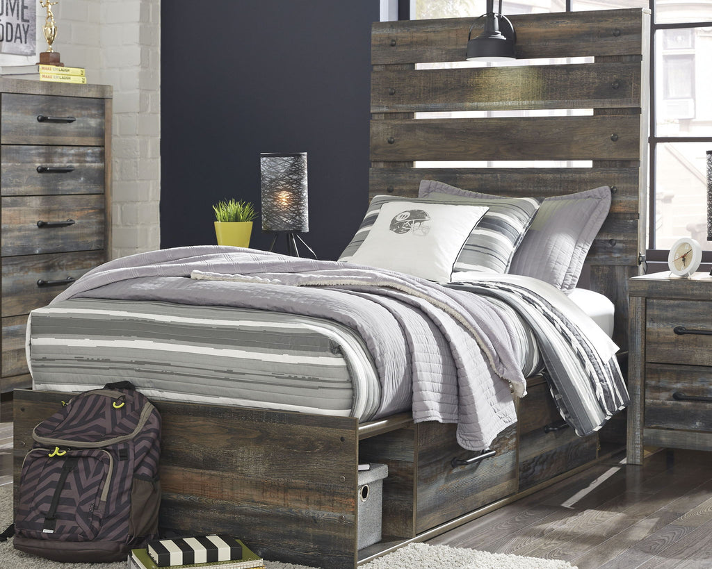 Panel bed with dark distressed wood frame, slat headboard, and footboard; striped bedding