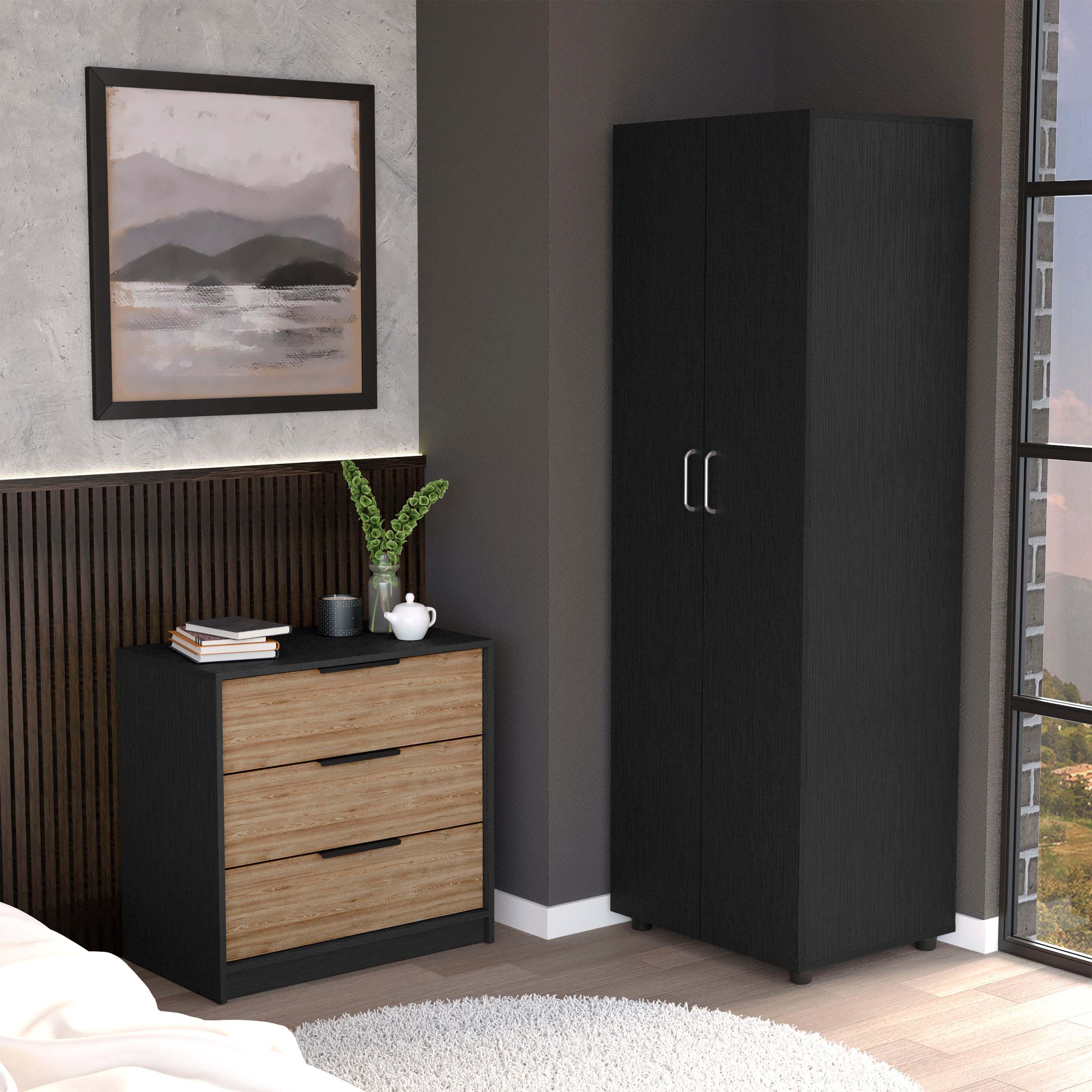 2 Piece Bedroom Set: London Armoire & Egeo Dresser - Black/Pine