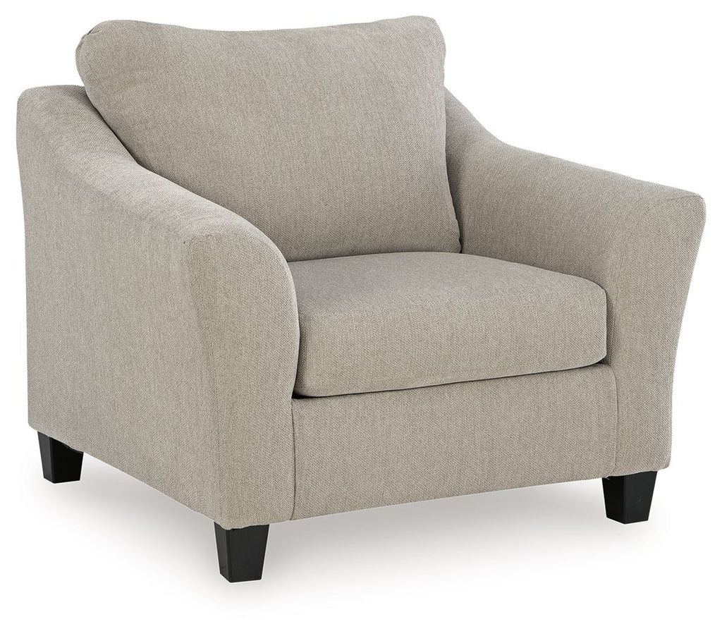 Taupe fabric chair with wide arms, cushioned seat, and dark square legs