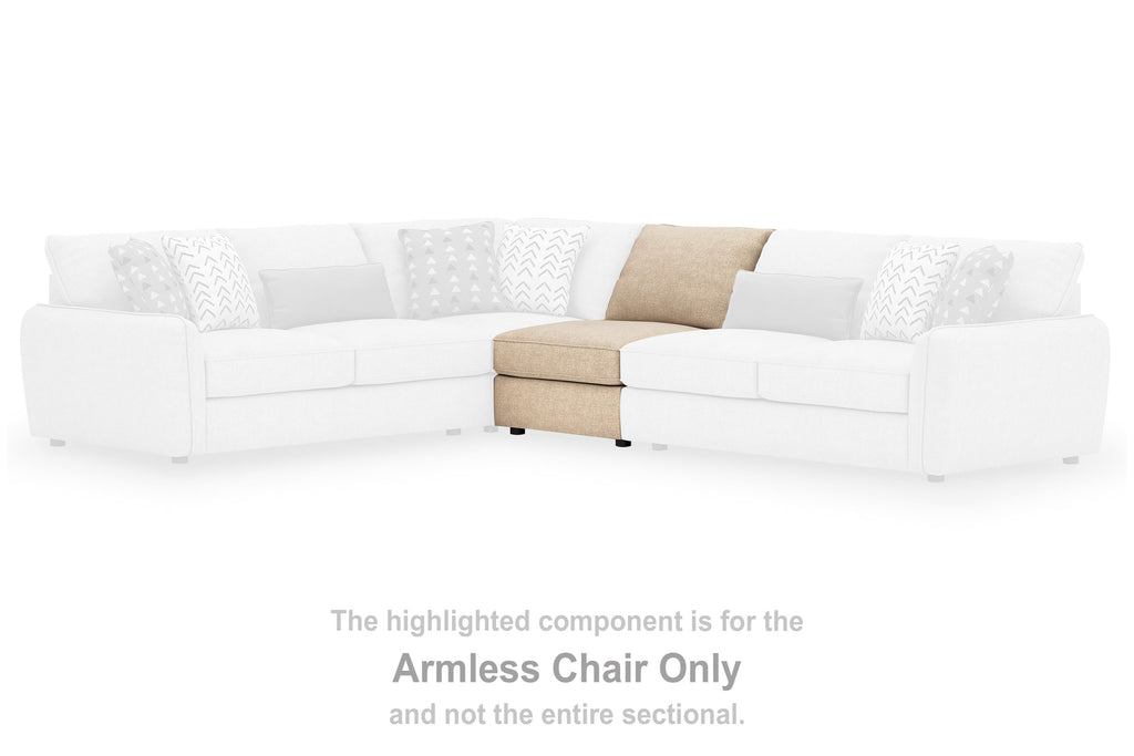 Upholstered armless chair component in sand fabric as part of a sectional