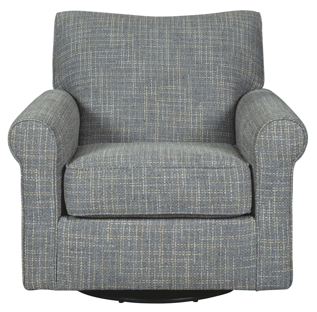 Dark gray swivel accent chair with patterned upholstery, padded arms, and straight seat panel
