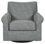 Dark gray swivel accent chair with patterned upholstery, padded arms, and straight seat panel
