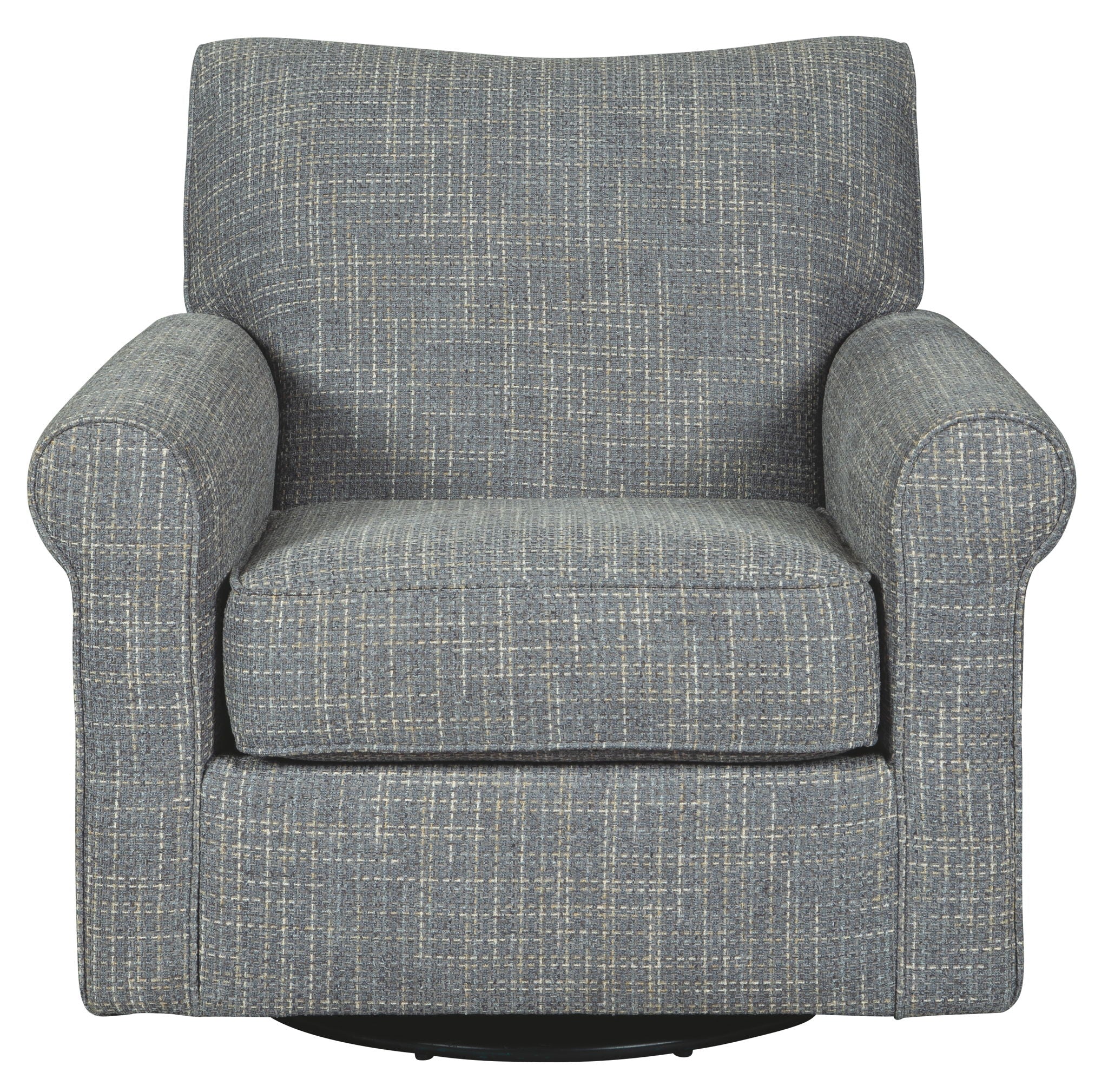 Dark gray swivel accent chair with patterned upholstery, padded arms, and straight seat panel