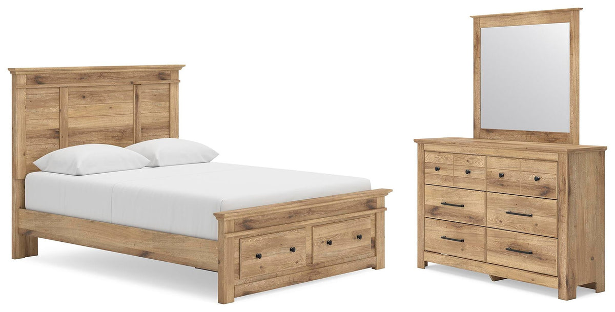Light brown wood storage bed with drawers and matching dresser with mirror