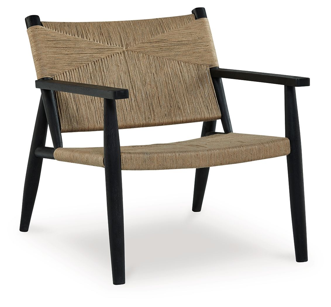 Accent chair with black wooden arms and legs, natural woven fabric seat and back