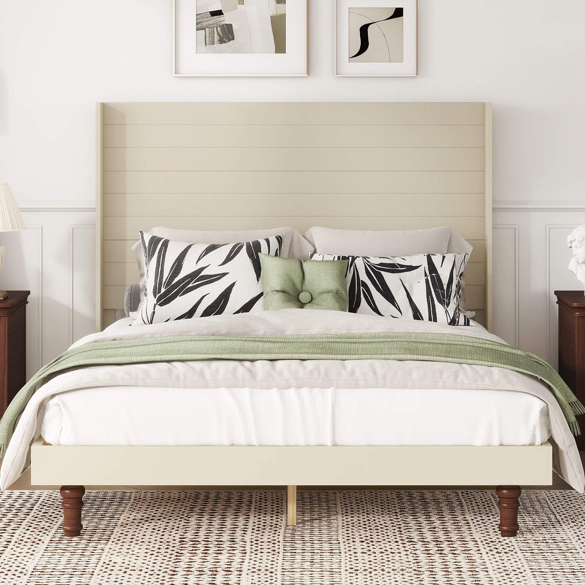 Queen Beige High Headboard Bed - Comfort & Style