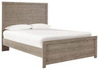 Gray wood full bed frame with panel headboard and footboard, horizontal slats