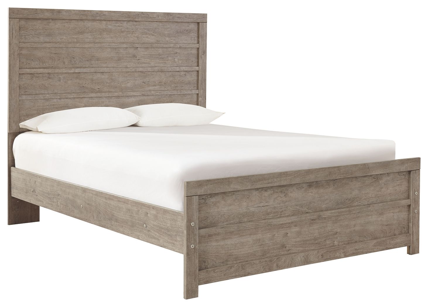 Gray wood full bed frame with panel headboard and footboard, horizontal slats