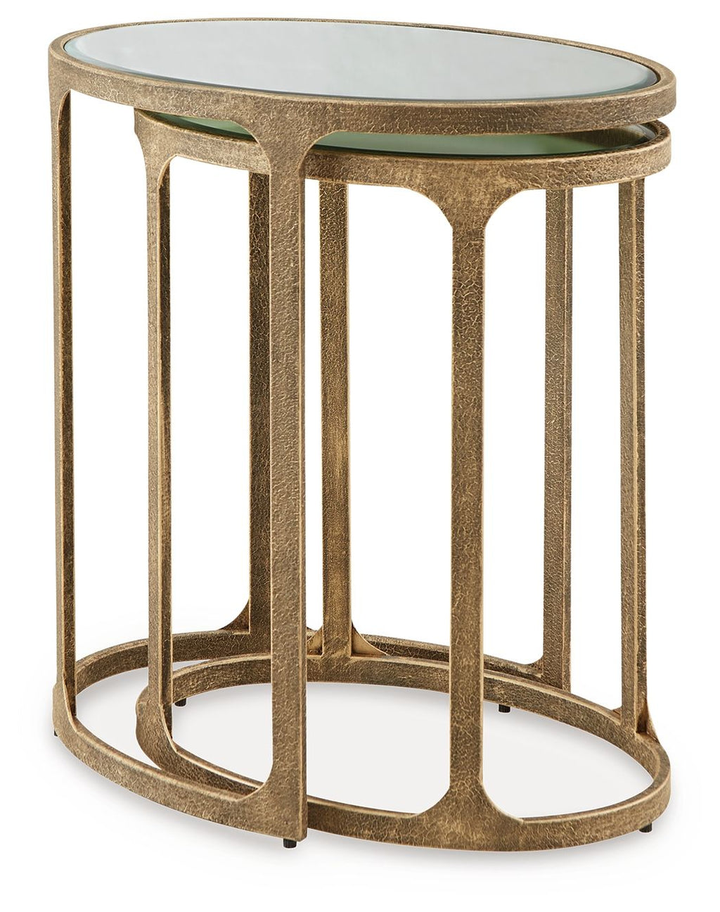 Round glass-top accent table and nesting side table, antique black open frame design