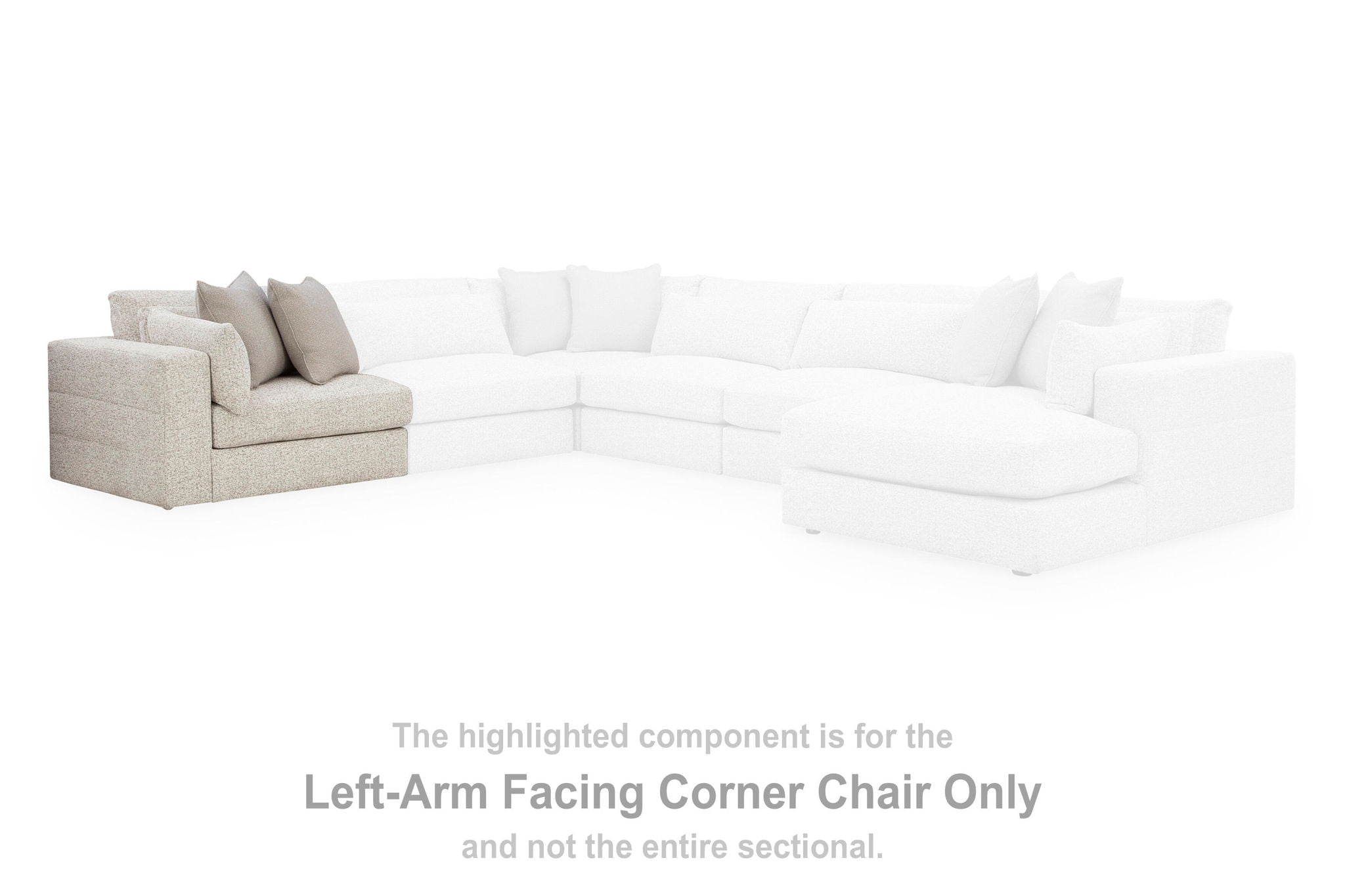 Left-arm facing corner chair component in light textured fabric with square arms and cushions