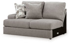 Smoke gray upholstered loveseat with left-facing arm and tufted back cushions.