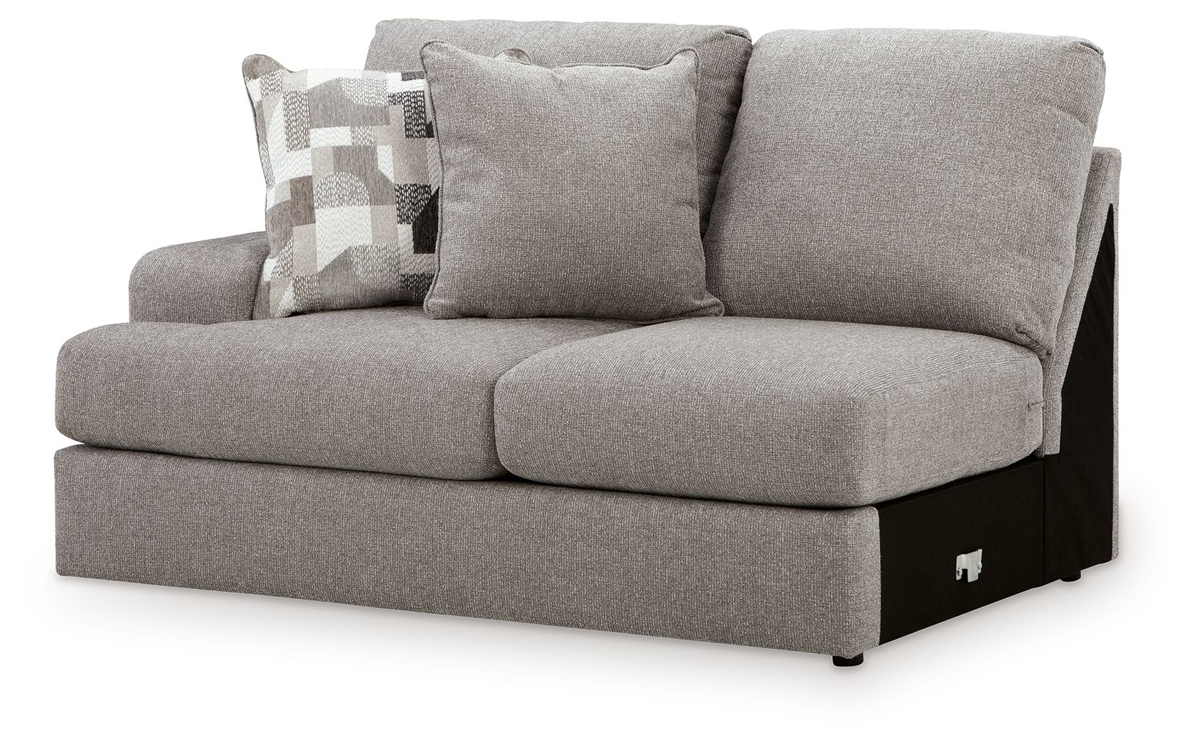 Smoke gray upholstered loveseat with left-facing arm and tufted back cushions.