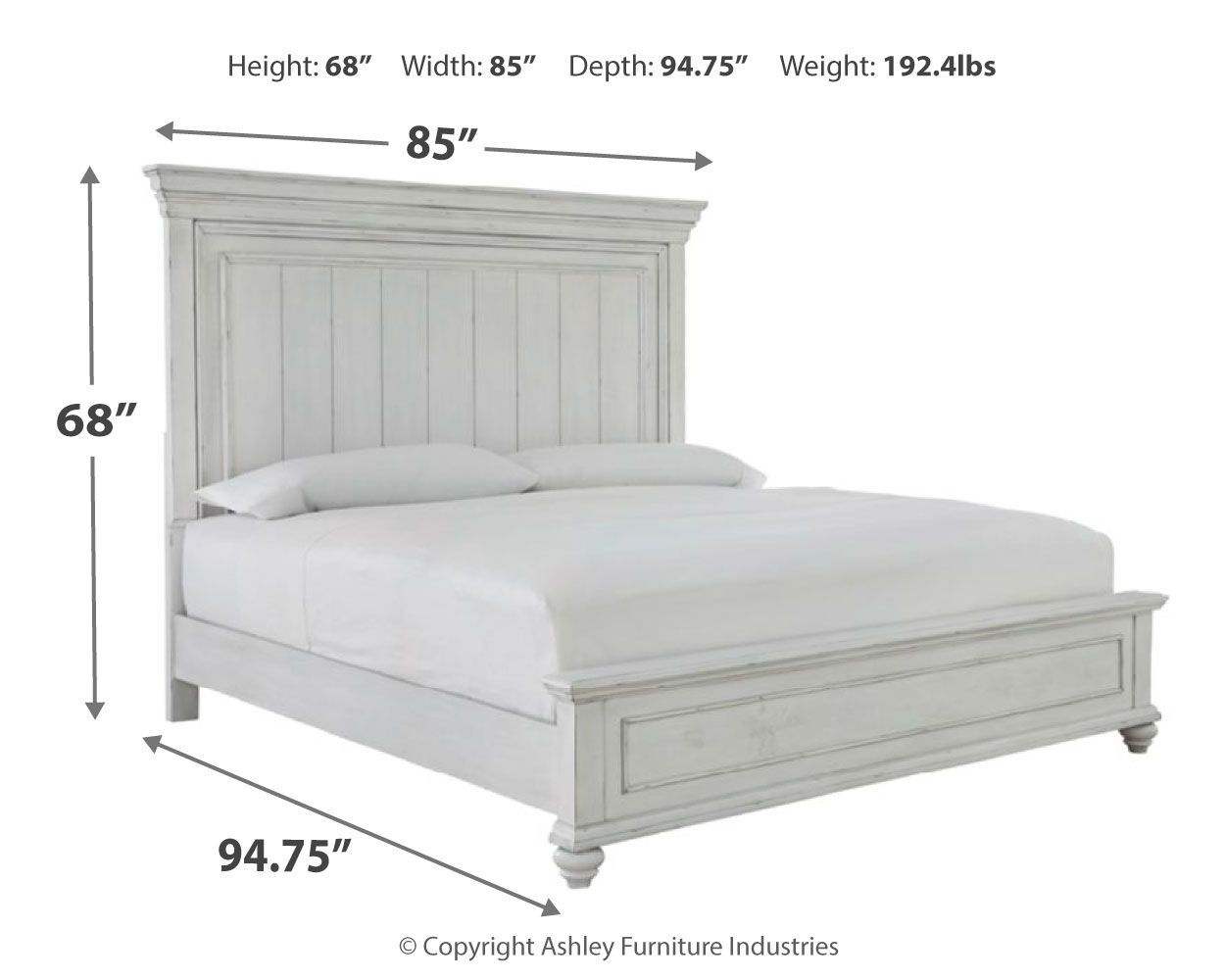 White panel bed with tall headboard and low footboard, featuring vertical panel detailing.
