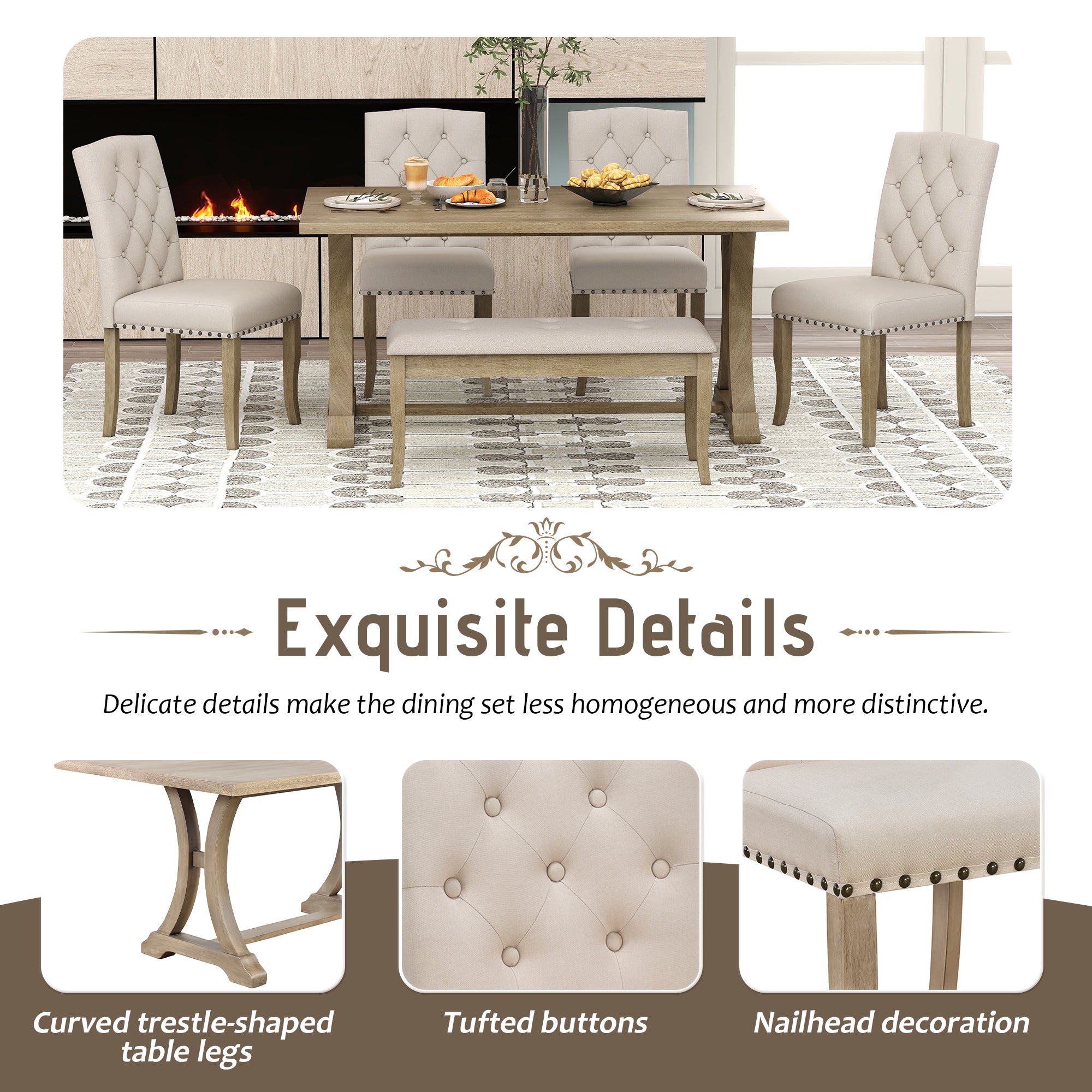 6-Pc Farmhouse Dining Set (Natural Wood)