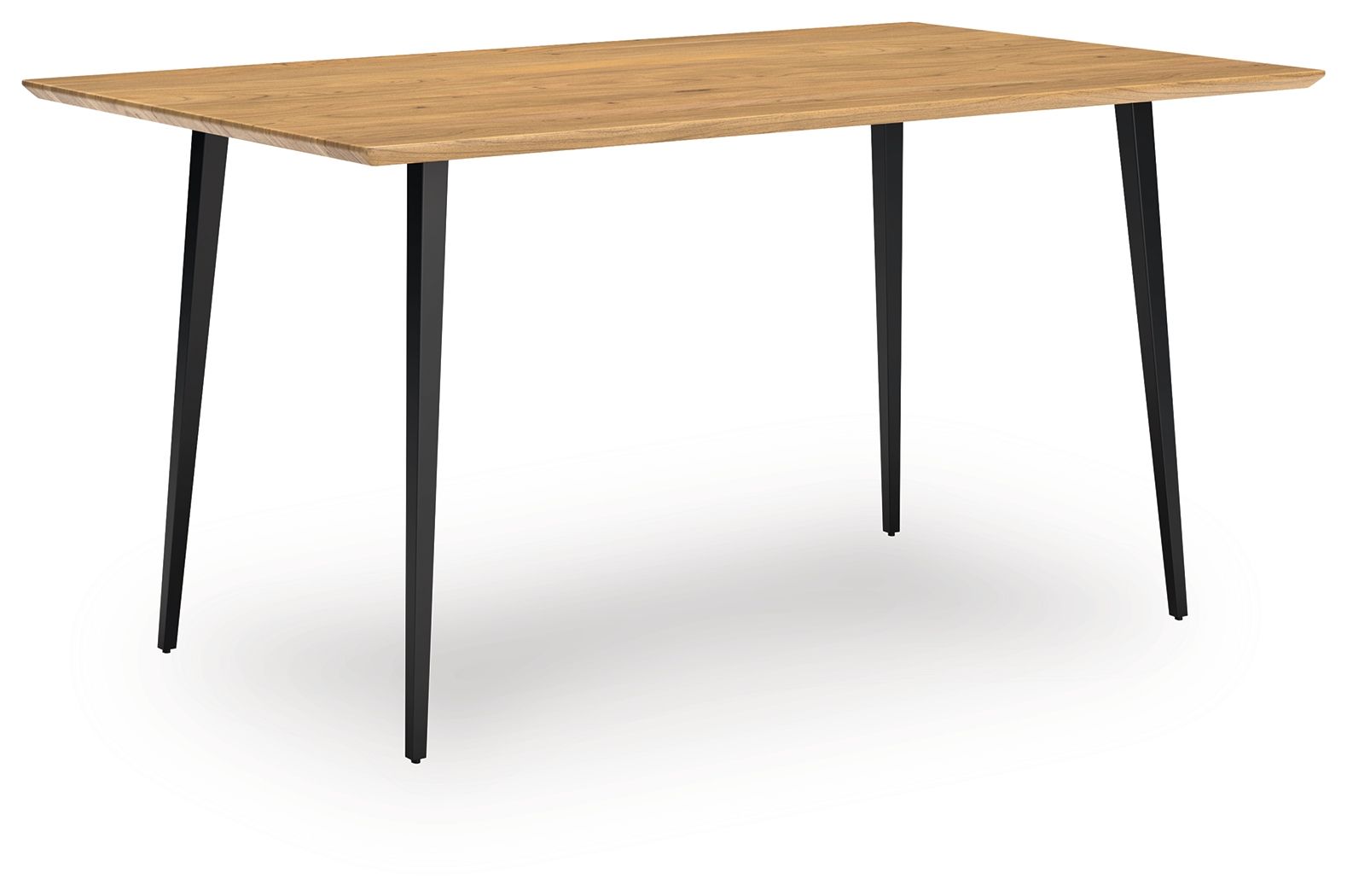 Rectangular dining table with natural wood top and black legs, angled view