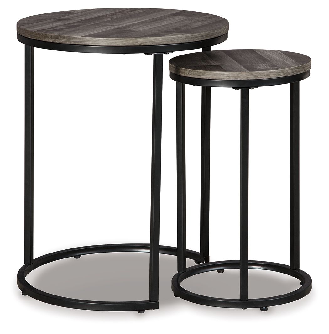 Accent table set (2) with round gray wood tops and black metal nesting bases